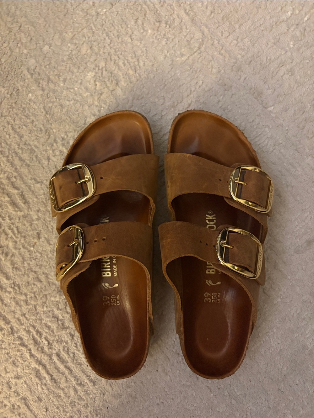 Birkenstock Women's Arizona Two-Strap Sandals in Cognac Brown with Gold Buckles